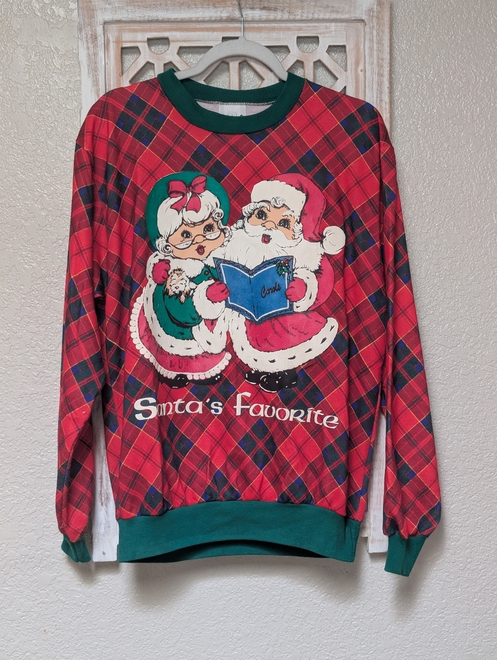 Vintage 80s Christmas Sweatshirt Santa & Mrs Claus Womens L double sided festive